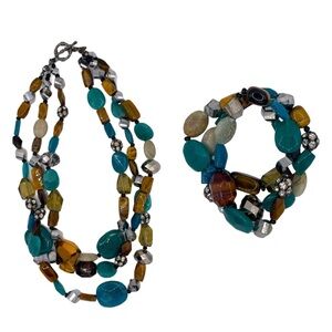 Multi-Color Three-Strand Beaded Necklace Plus Free Matching Bracelet!